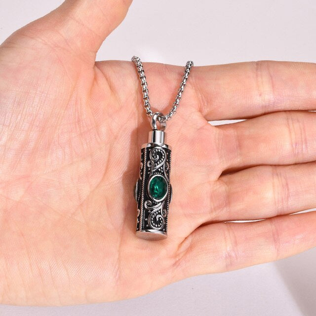 Stainless Steel Birthstone Cylindrical Urn Necklace (For Human Or Pet Ashes)