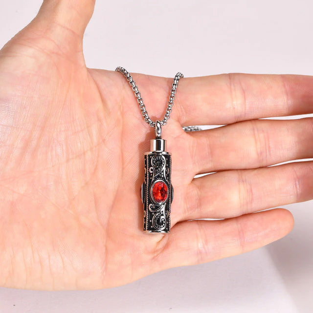 Stainless Steel Birthstone Cylindrical Urn Necklace (For Human Or Pet Ashes)