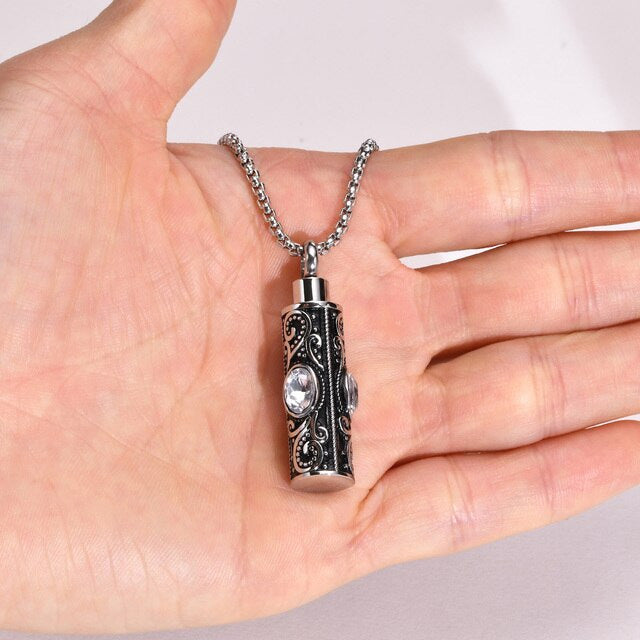 Stainless Steel Birthstone Cylindrical Urn Necklace (For Human Or Pet Ashes)