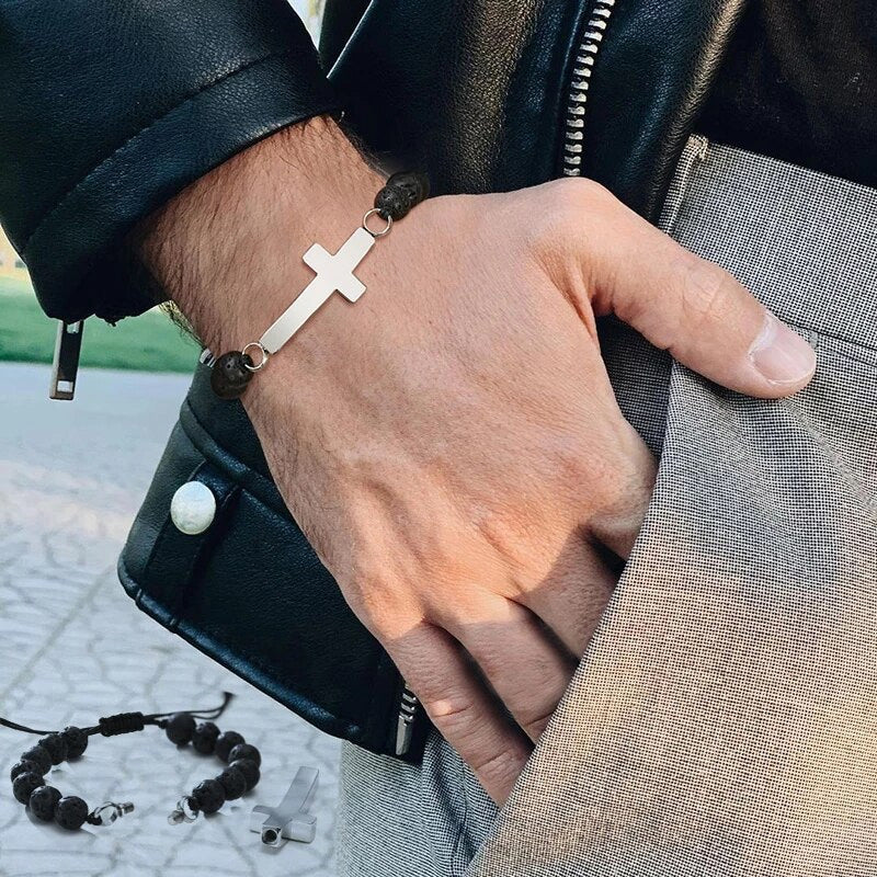 Stainless Steel Cross Urn Black Lava Beaded Bracelet (For Human Or Pet Ashes)