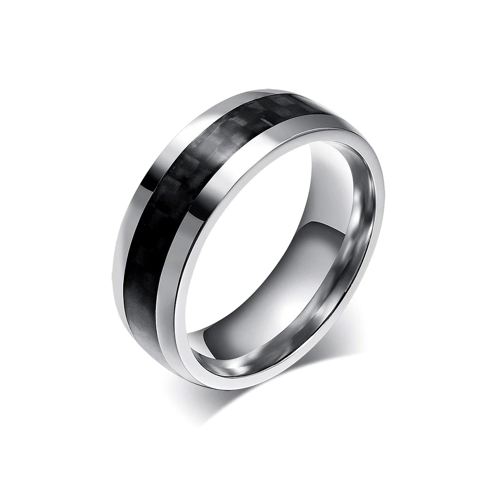 Stainless Steel Black Carbon Fibre Stripe Ring