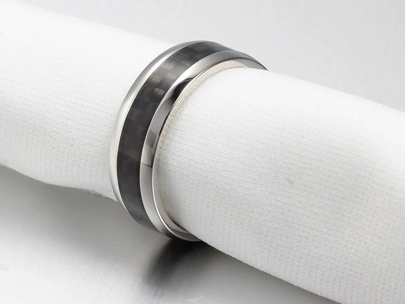 Stainless Steel Black Carbon Fibre Stripe Ring