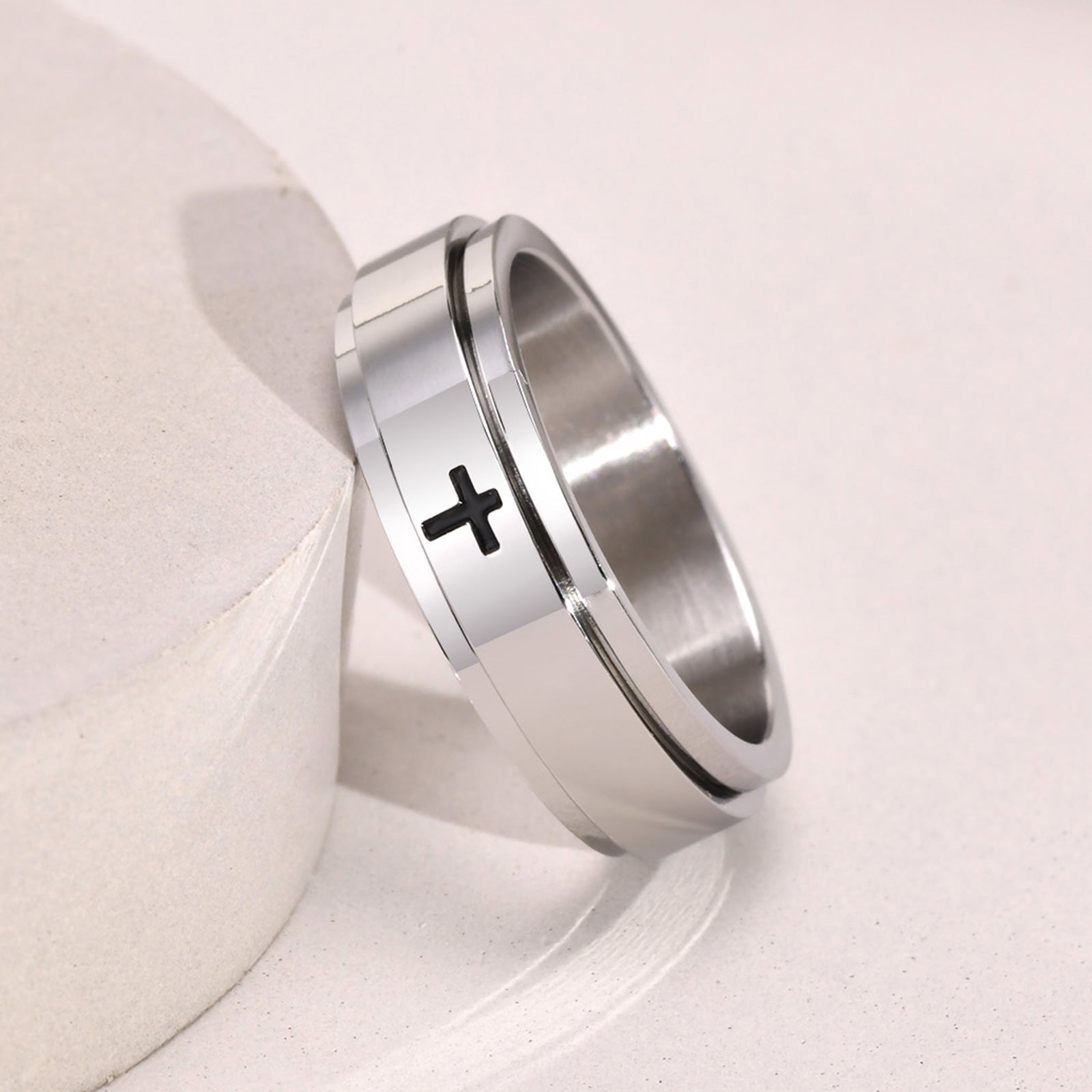 Stainless Steel Cross Thin Spinner Ring
