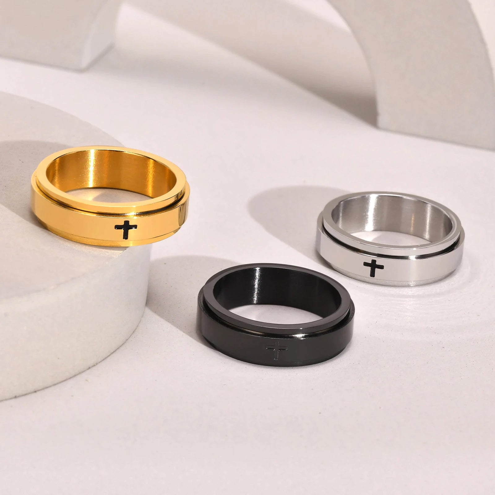 Stainless Steel Cross Thin Spinner Ring