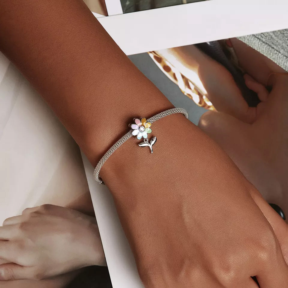 Sterling Silver Rainbow Flower Hypoallergenic Dangle Charm