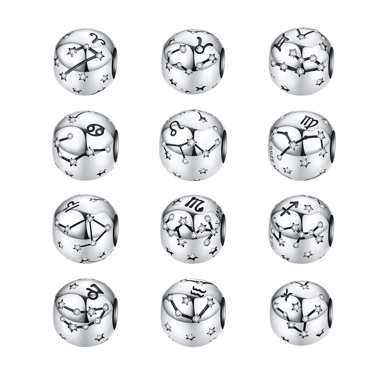 Sterling Silver 12 Signs Of The Zodiac Hypoallergenic Bead Charm