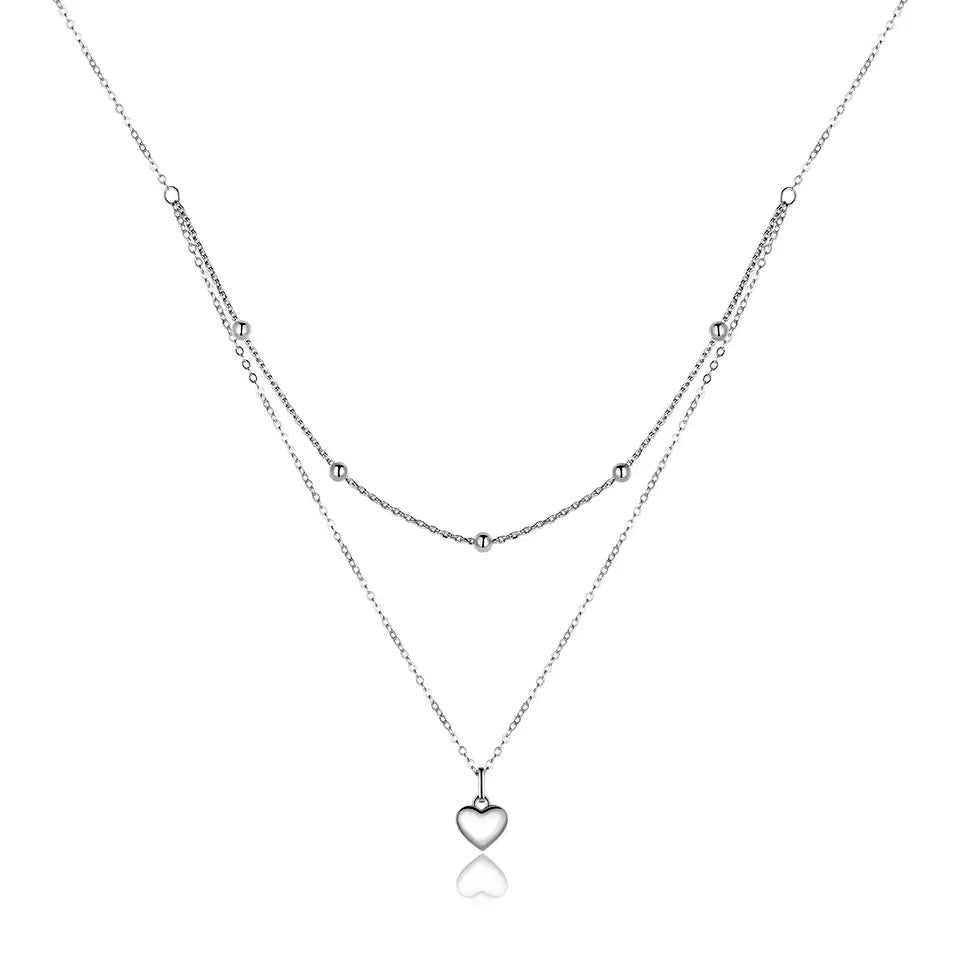 Sterling Silver Metal Heart Double Chain Hypoallergenic Necklace