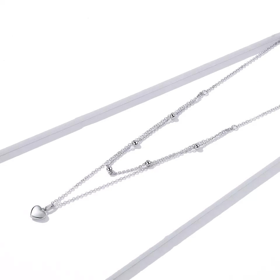 Sterling Silver Metal Heart Double Chain Hypoallergenic Necklace