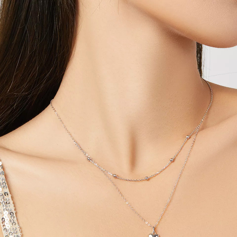 Sterling Silver Metal Heart Double Chain Hypoallergenic Necklace
