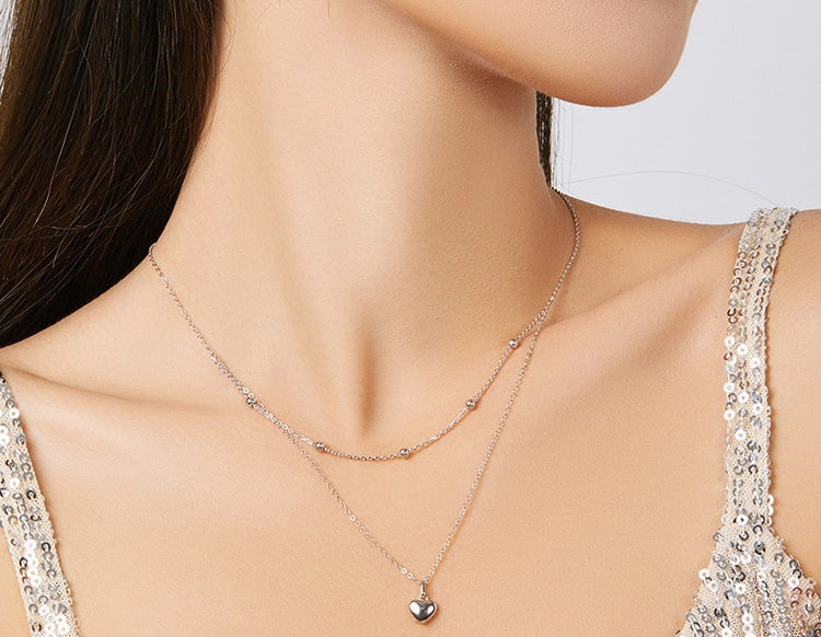 Sterling Silver Metal Heart Double Chain Hypoallergenic Necklace