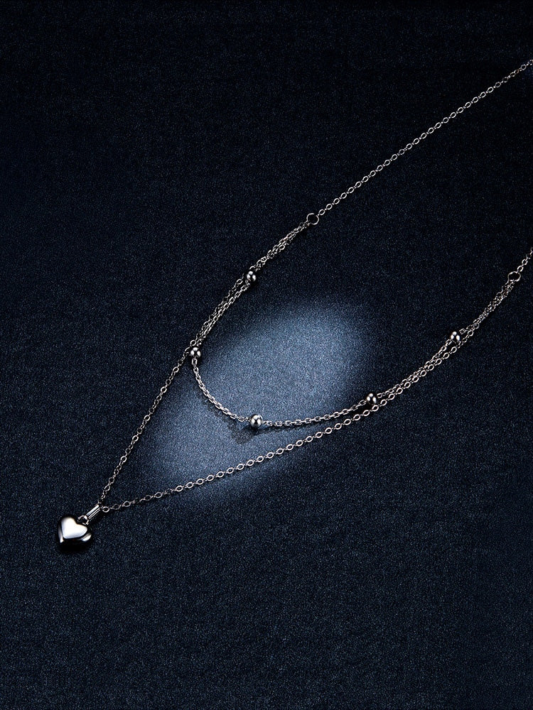 Sterling Silver Metal Heart Double Chain Hypoallergenic Necklace