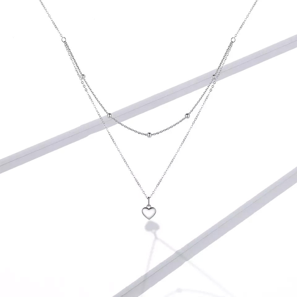 Sterling Silver Metal Heart Double Chain Hypoallergenic Necklace
