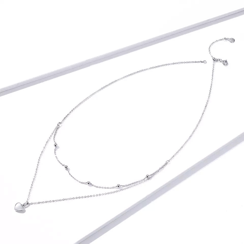 Sterling Silver Metal Heart Double Chain Hypoallergenic Necklace