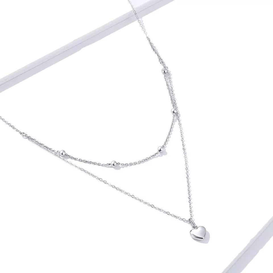 Sterling Silver Metal Heart Double Chain Hypoallergenic Necklace