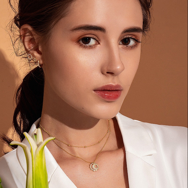 Sterling Silver Sun & Moon Double Layer Hypoallergenic Chocker Necklace