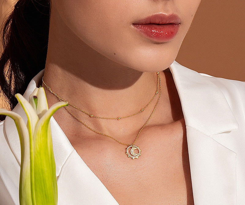 Sterling Silver Sun & Moon Double Layer Hypoallergenic Chocker Necklace