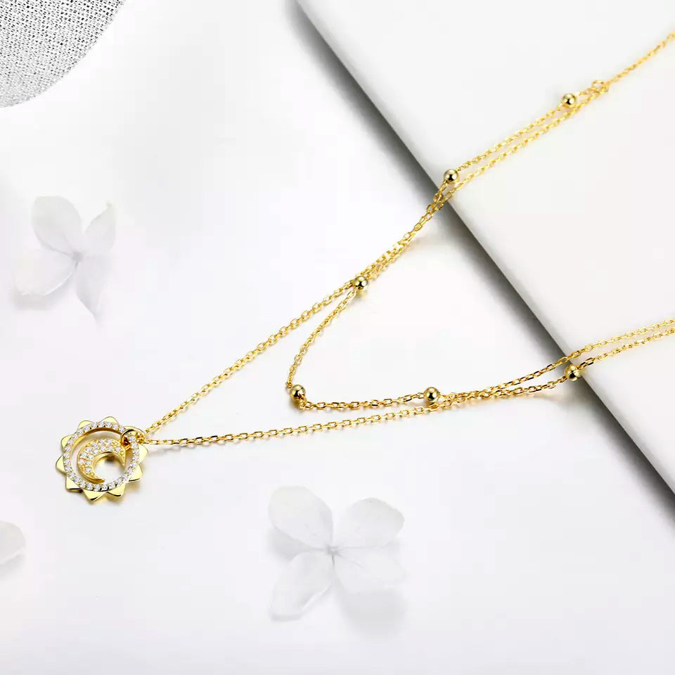 Sterling Silver Sun & Moon Double Layer Hypoallergenic Chocker Necklace