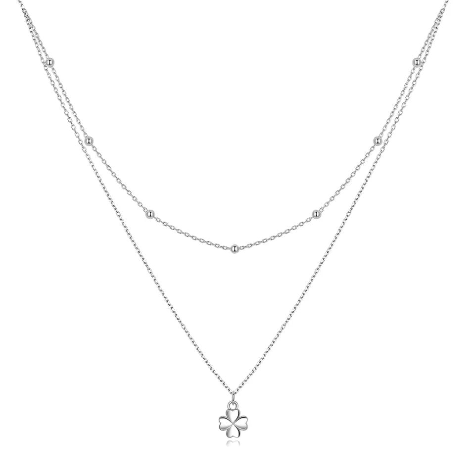 Sterling Silver Metal Four-Leaf Clover Hypoallergenic Multilayer Necklace