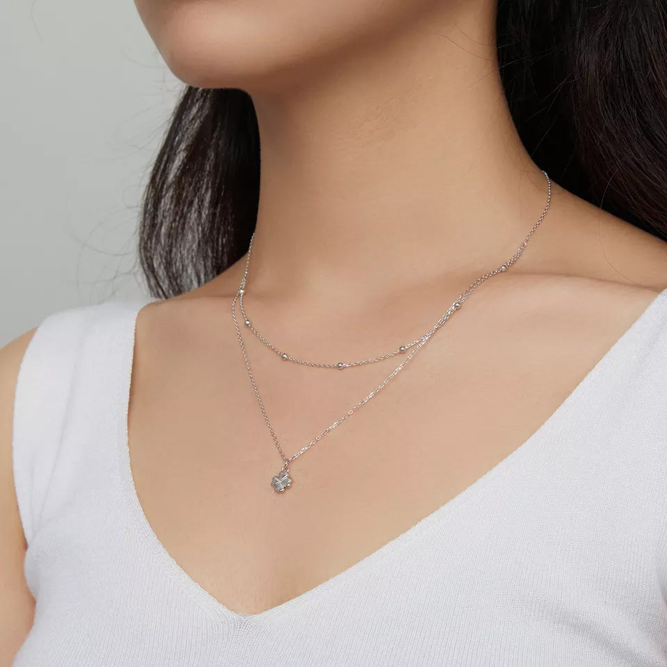 Sterling Silver Metal Four-Leaf Clover Hypoallergenic Multilayer Necklace