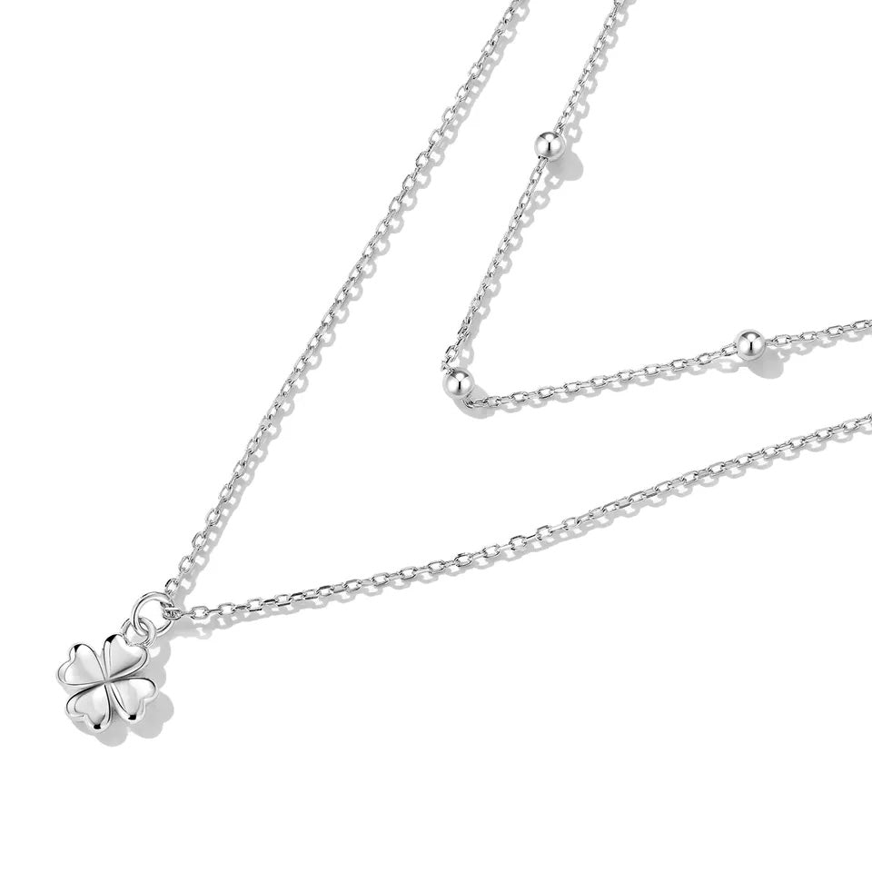 Sterling Silver Metal Four-Leaf Clover Hypoallergenic Multilayer Necklace