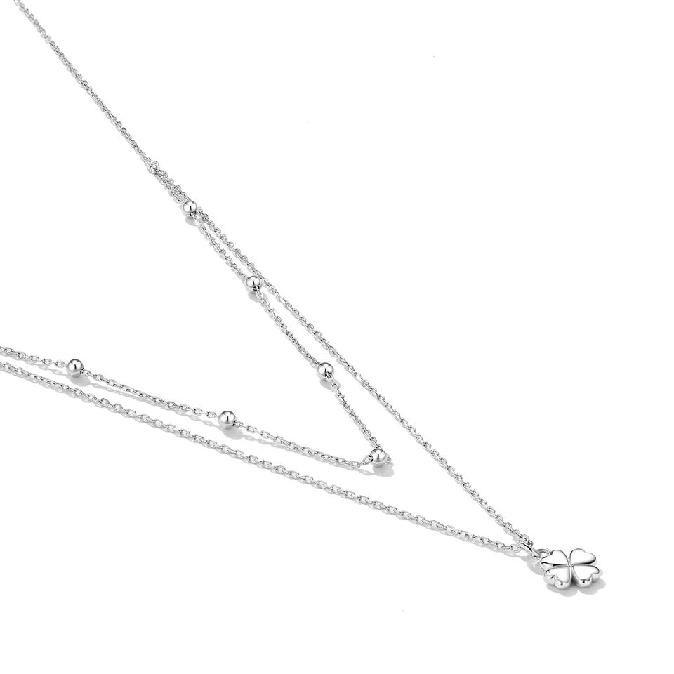 Sterling Silver Metal Four-Leaf Clover Hypoallergenic Multilayer Necklace
