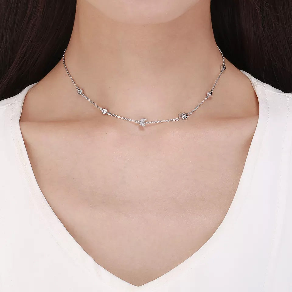 Sterling Silver Sparkling Moon & Star Hypoallergenic Choker Necklace