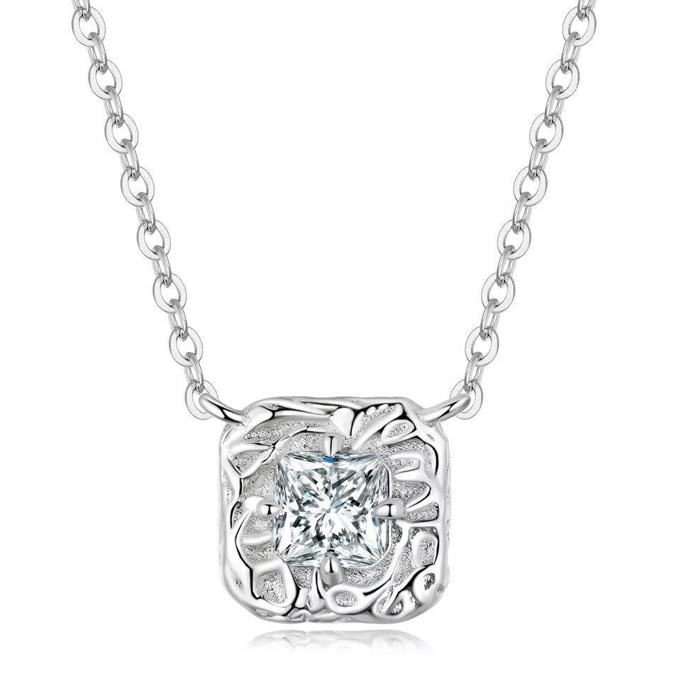 Sterling Silver Shiny Textured Metal Square Hypoallergenic Necklace