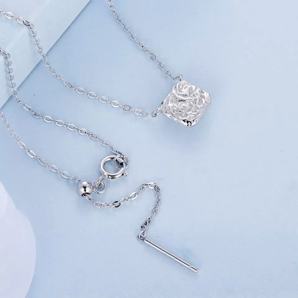 Sterling Silver Shiny Textured Metal Square Hypoallergenic Necklace