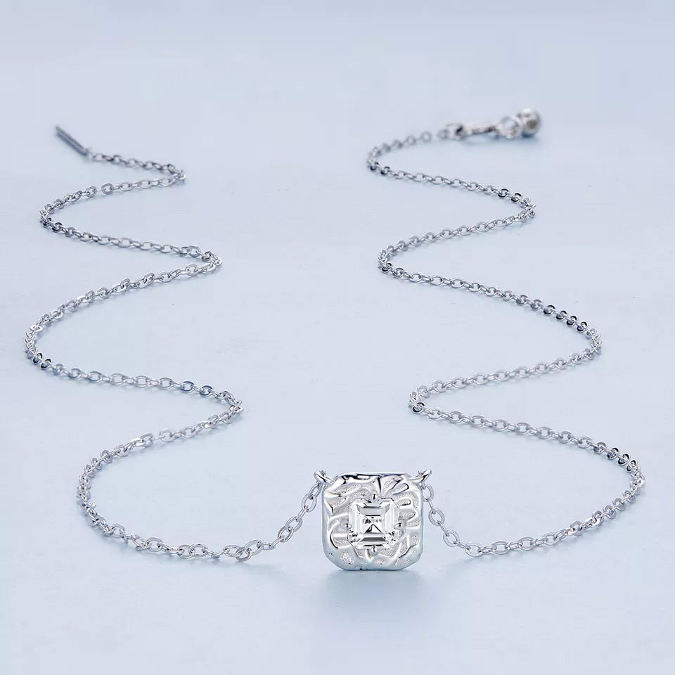 Sterling Silver Shiny Textured Metal Square Hypoallergenic Necklace