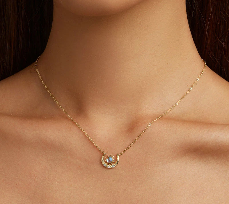 Sterling Silver Shiny Mystic Moon & Sun Hypoallergenic Necklace