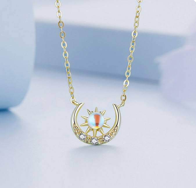 Sterling Silver Shiny Mystic Moon & Sun Hypoallergenic Necklace