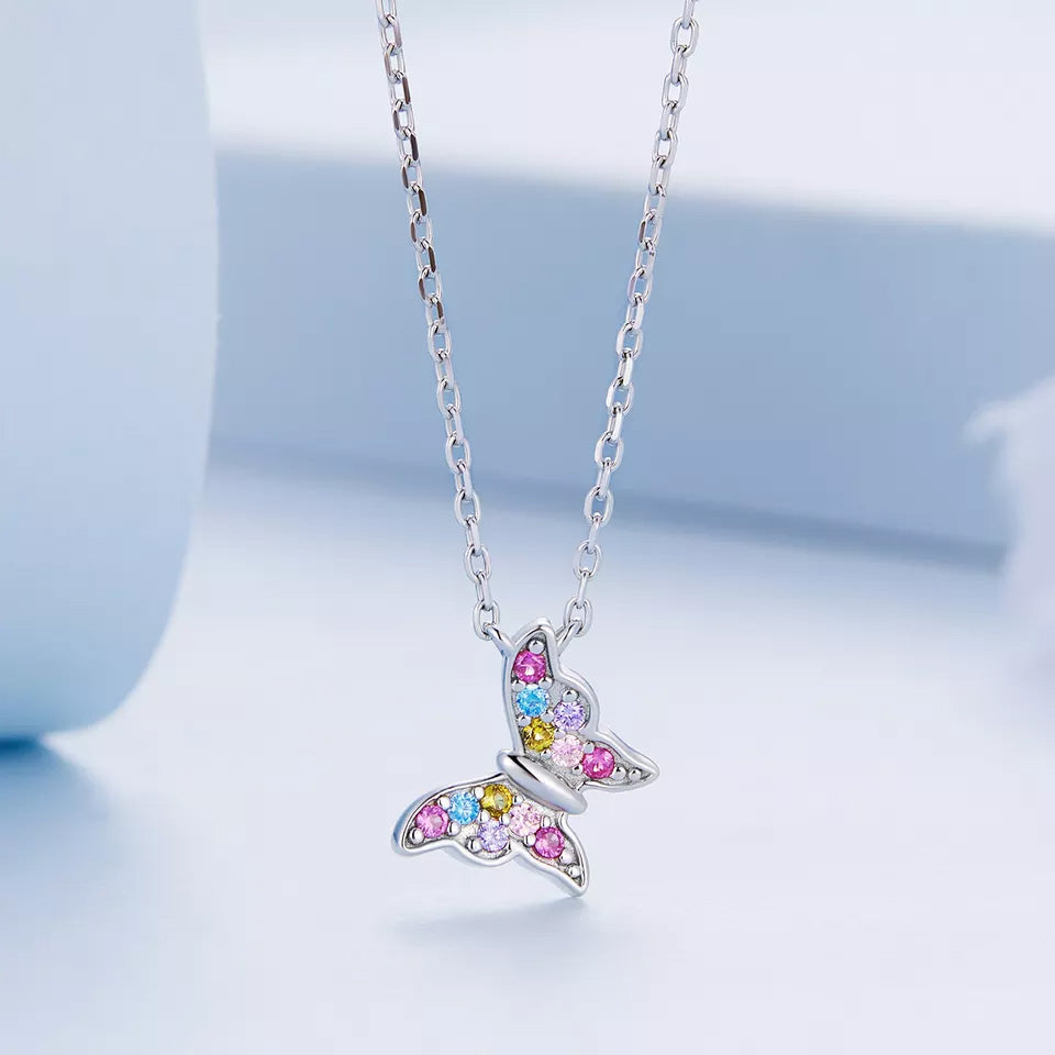 Sterling Silver Rainbow Butterfly Hypoallergenic Necklace