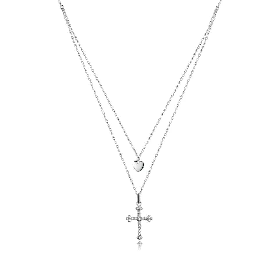 Sterling Silver Double Layer Love Cross Hypoallergenic Necklace