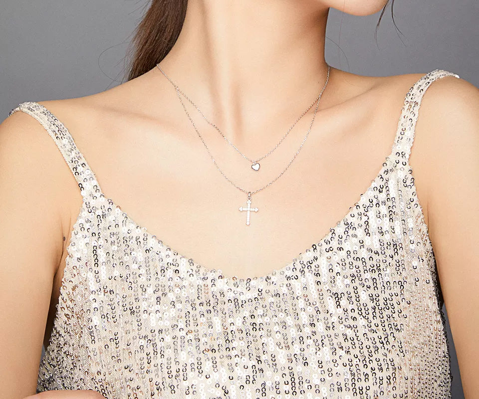 Sterling Silver Double Layer Love Cross Hypoallergenic Necklace