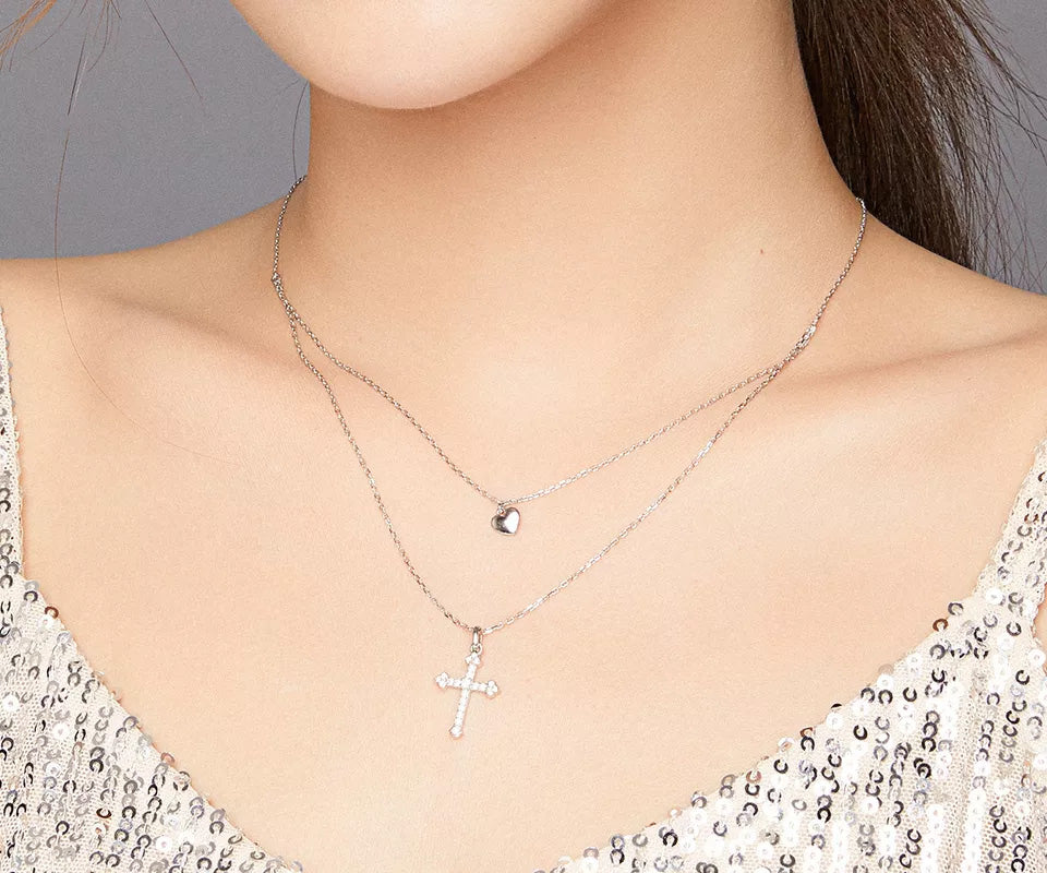 Sterling Silver Double Layer Love Cross Hypoallergenic Necklace