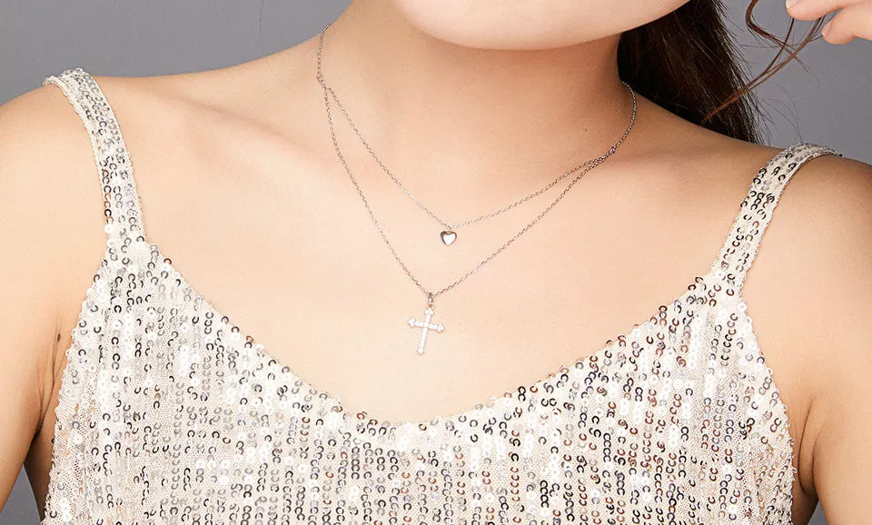 Sterling Silver Double Layer Love Cross Hypoallergenic Necklace