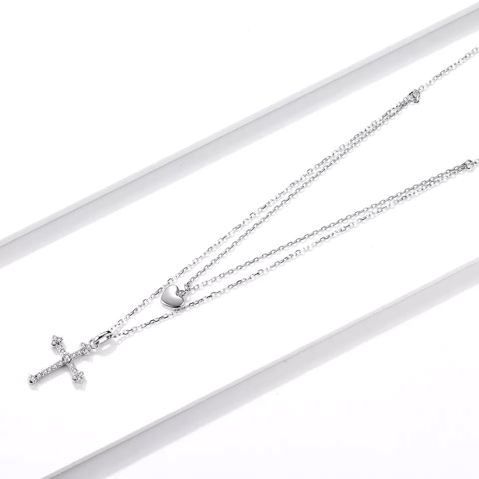 Sterling Silver Double Layer Love Cross Hypoallergenic Necklace