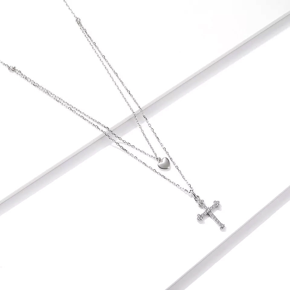 Sterling Silver Double Layer Love Cross Hypoallergenic Necklace