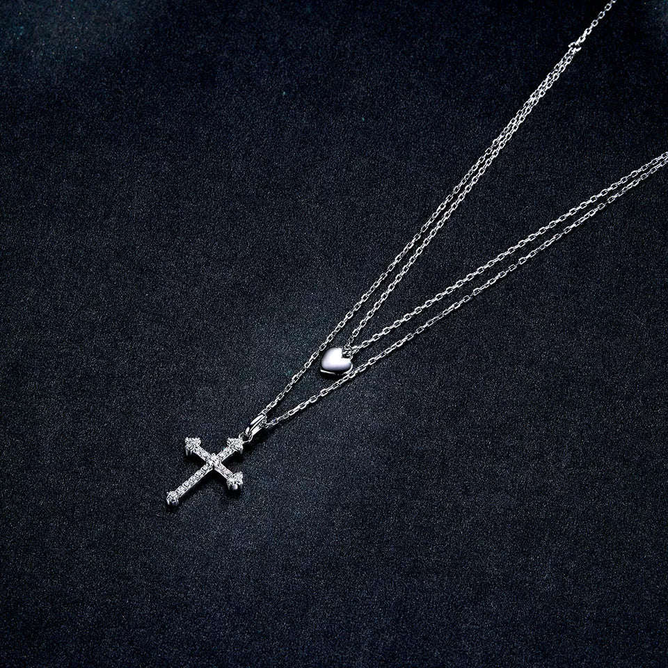 Sterling Silver Double Layer Love Cross Hypoallergenic Necklace