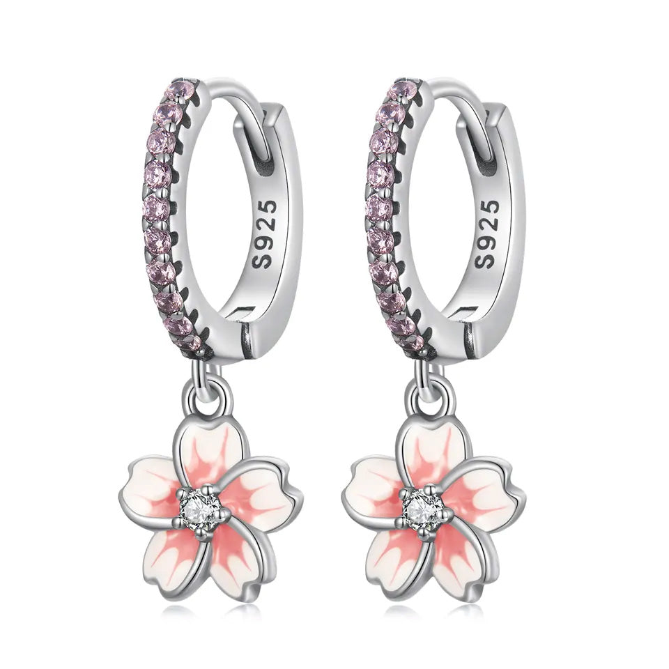 Sterling Silver Cherry Blossom Huggie Hypoallergenic Earrings