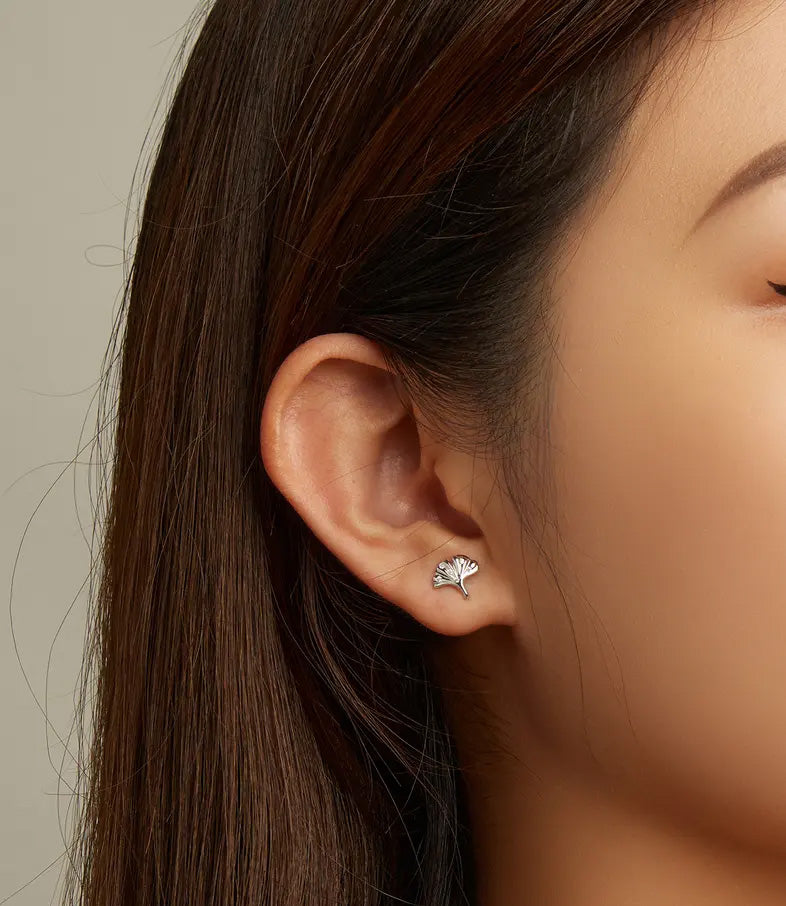 Sterling Silver Ginkgo Leaf Stud Hypoallergenic Earrings