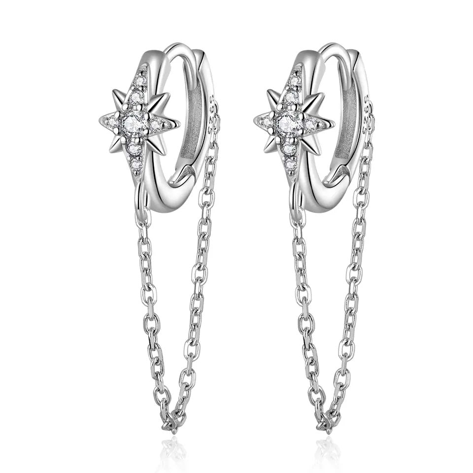 Sterling Silver Star Long Tassel Huggie Hypoallergenic Earrings