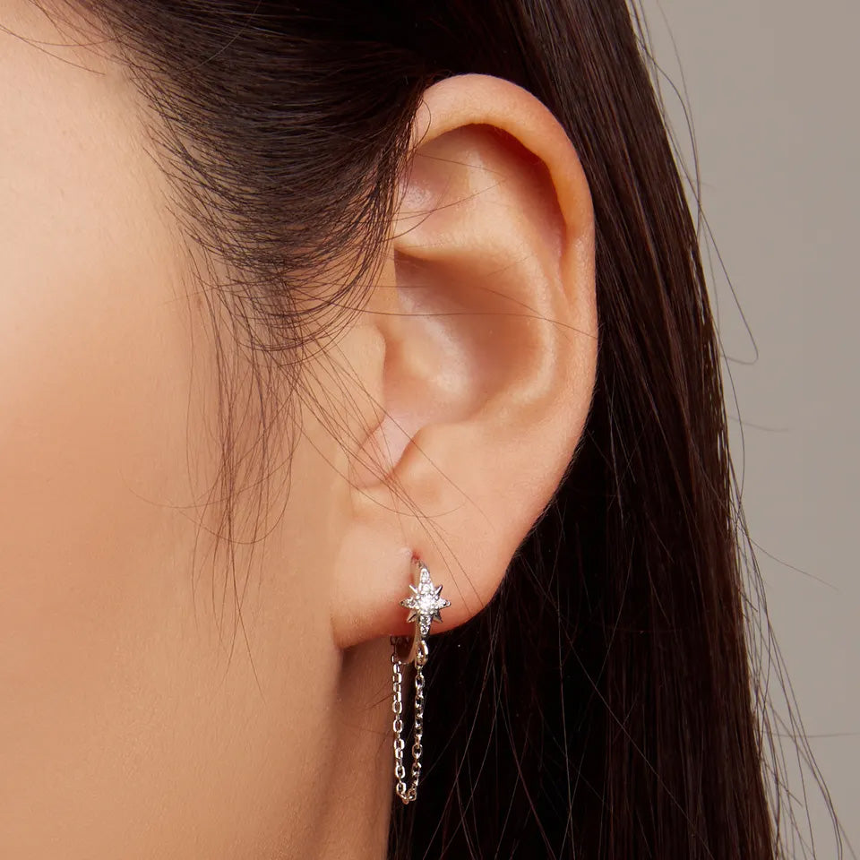 Sterling Silver Star Long Tassel Huggie Hypoallergenic Earrings