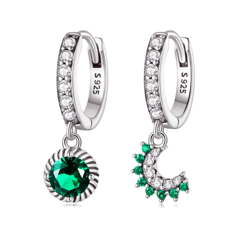 Sterling Silver Green Sun & Moon Huggie Hypoallergenic Earrings