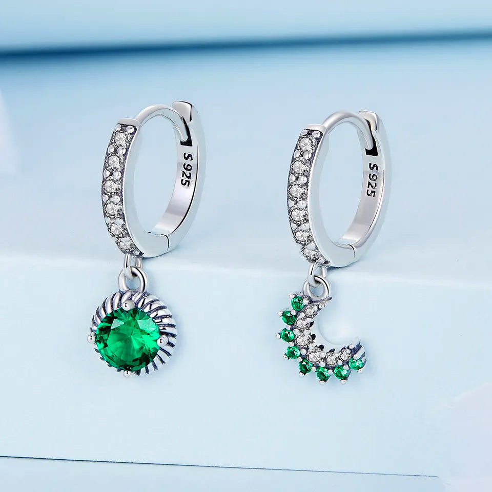 Sterling Silver Green Sun & Moon Huggie Hypoallergenic Earrings
