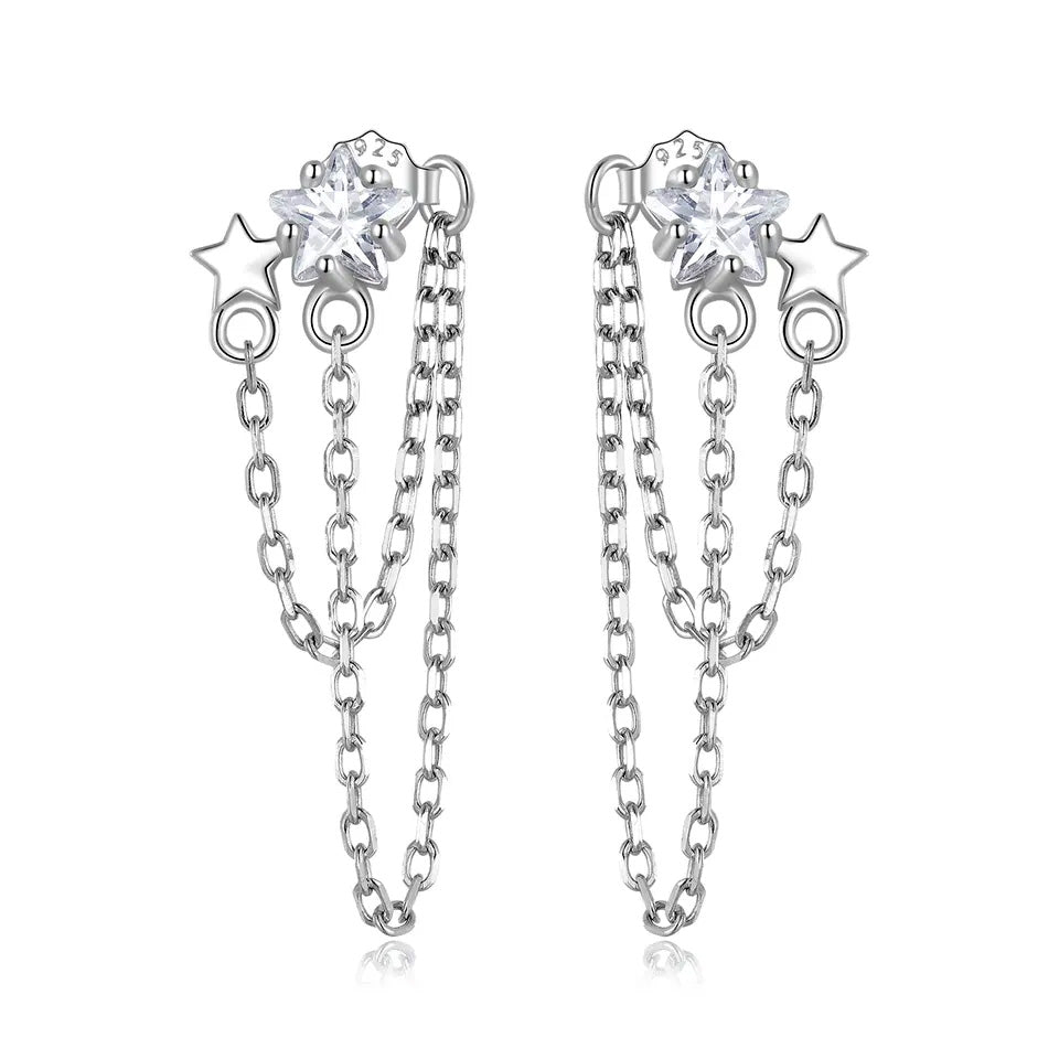 Sterling Silver Fine Double Star Long Chain Stud Hypoallergenic Earrings