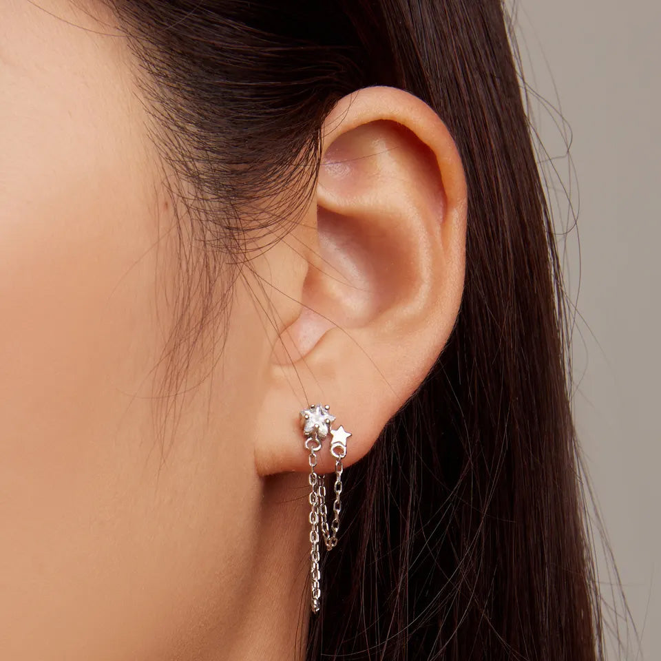 Sterling Silver Fine Double Star Long Chain Stud Hypoallergenic Earrings