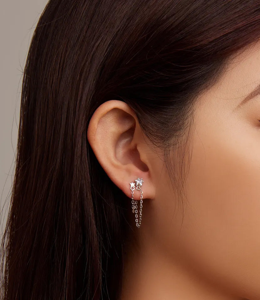 Sterling Silver Fine Double Star Long Chain Stud Hypoallergenic Earrings