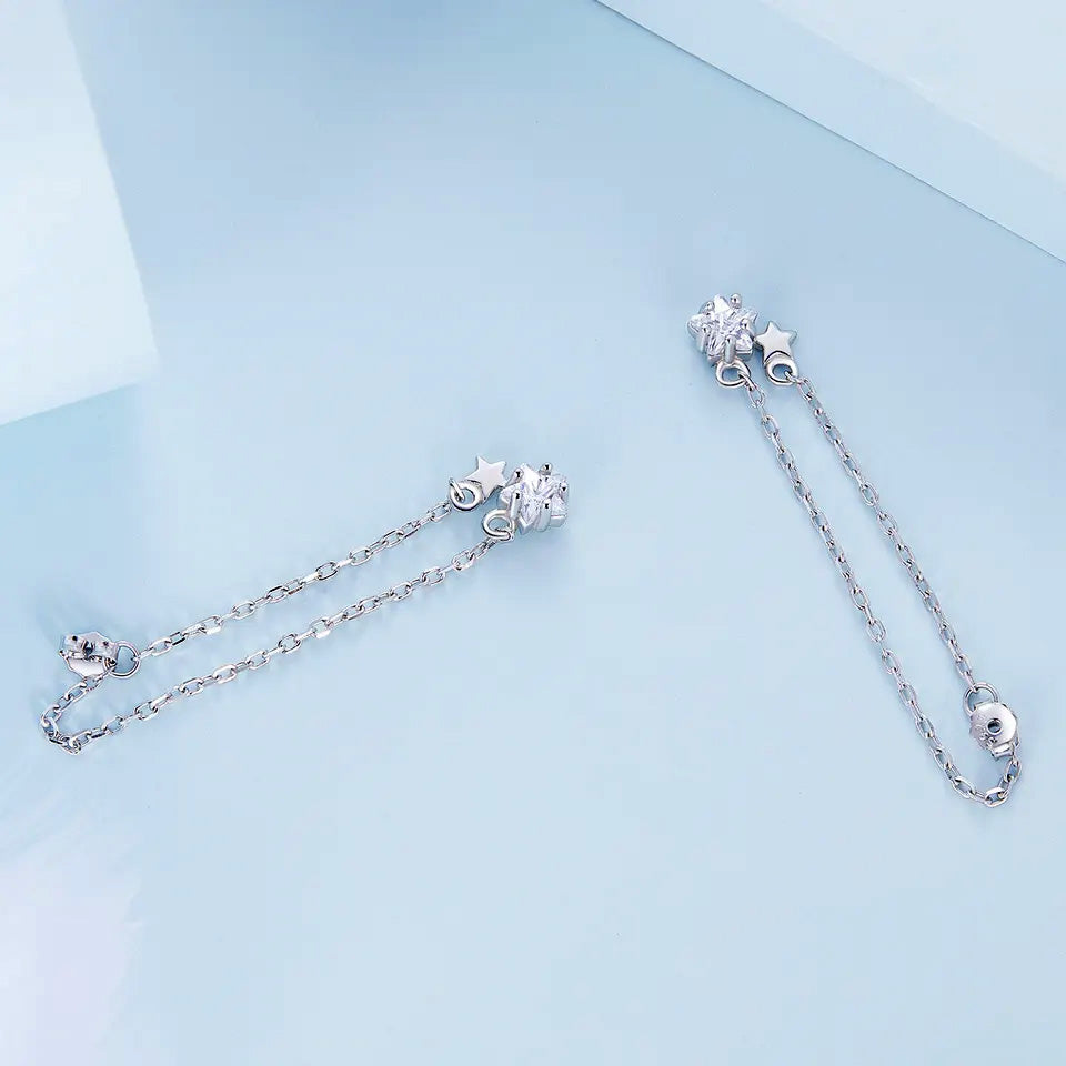 Sterling Silver Fine Double Star Long Chain Stud Hypoallergenic Earrings