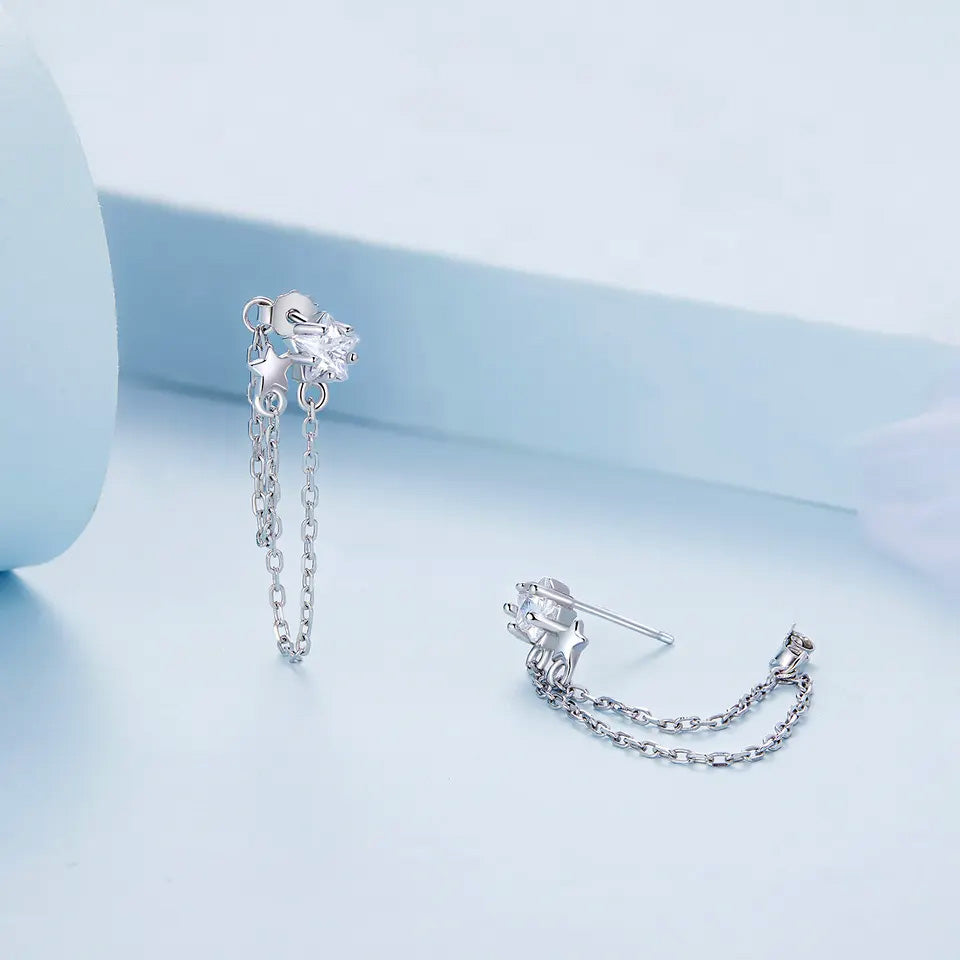 Sterling Silver Fine Double Star Long Chain Stud Hypoallergenic Earrings